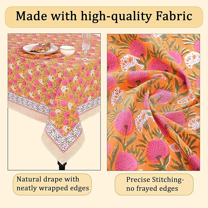 Ridhi Bubblegum Pink Hand Block Print Cotton Rectangle Tablecloth 108" x 60" inches Reusable Table Cover Decorative Everyday Use for Dining, Farmhouse, Home, Party, Festive, Wedding, Fall