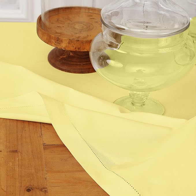 Solino Home Yellow Tablecloth 58 x 84 Inch - Cotton Linen Hemstitch Rectangular Tablecloth - Machine Washable Table Cloth
