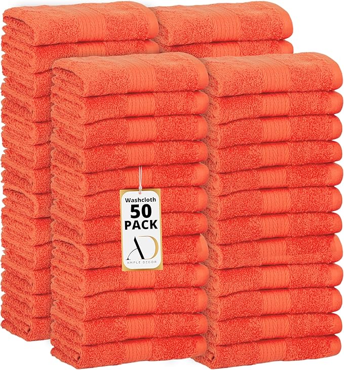Ample Decor Wash Cloths Pack of 50 12 X 12 Inch 100% Cotton 600 GSM, Soft Absorbent, Machine Washable Face Towels, Reusable Fingertip Towels for Bathroom, Hotel, Gym, Spa - Orange