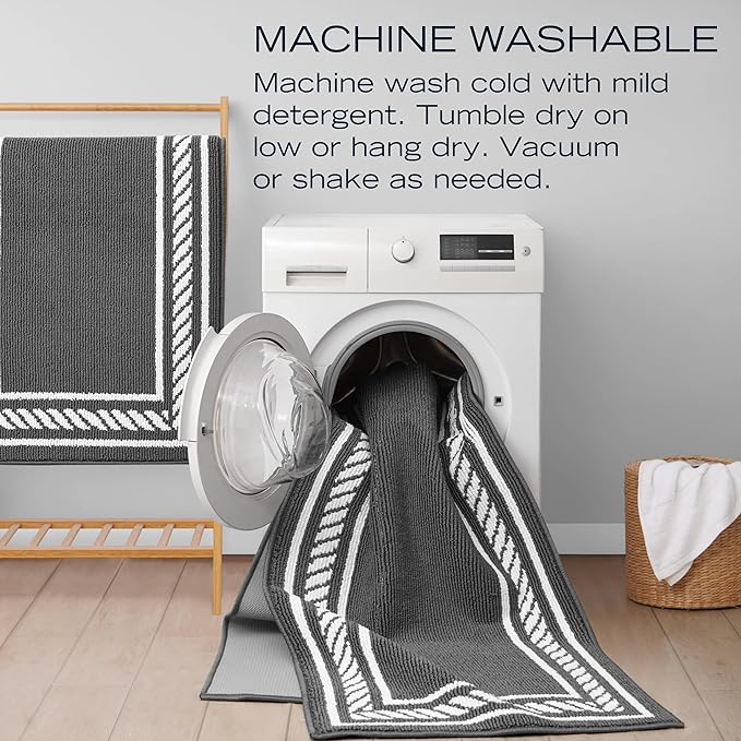 Nautica – Runner Rug 2 Piece Set | Indoor Runners for Hallways and Entry Rugs| Non-Skid Entry and Kitchen Door Mat| Machine Washable Carpet Rugs | 2'2" x 3'9" and 2'2" x 5' | Rope Border Dark Grey