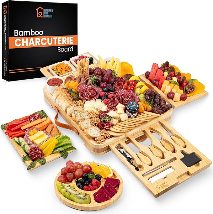 Large Bamboo Charcuterie Board Gift Set – 4 Hidden Drawers, Cheese Knives, Ceramic Bowls & Plates – Perfect Christmas, Holiday, or Housewarming Gift