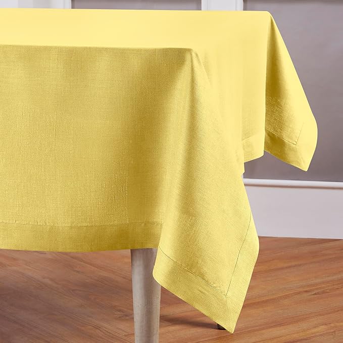 Solino Home Linen Tablecloth for Rectangle Tables 60 x 90 Inch - 100% Pure Linen Sunshine Yellow Table Cloth - Fete, Machine Washable Cloth Tablecloth