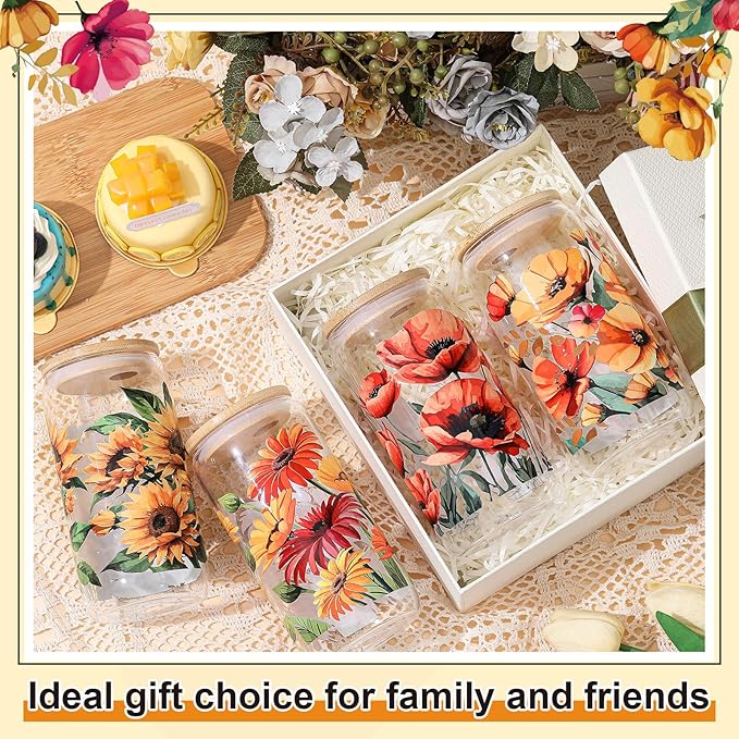 Mumufy 4 Pcs Oil Flower Themed Gifts for Women Cute Glass Cup Tumbler Flower Iced Coffee Mugs 16 oz Glass with Bamboo Lid & Straw, Christmas Mothers Day Birthday Gift for Mom Sister Bridesmaid