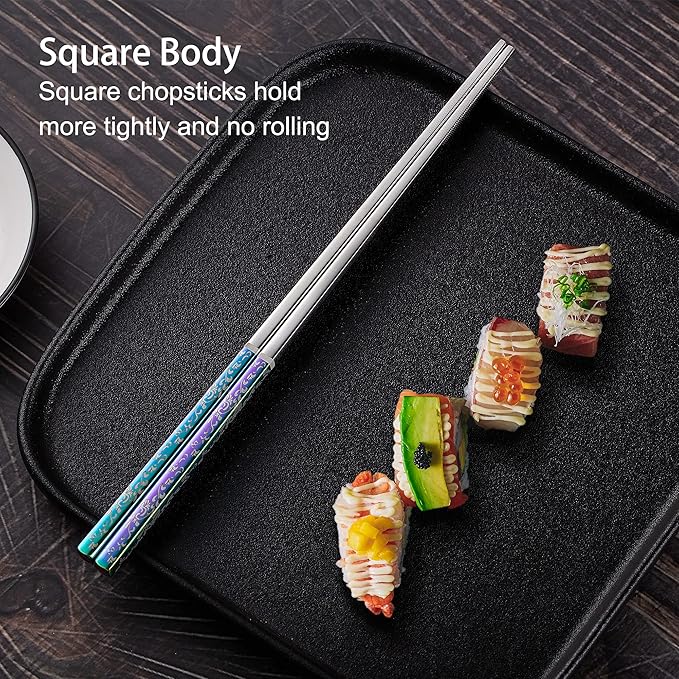 Metal Chopsticks Reusable Dazzling Rainbow Stainless Steel Chopsticks Titanium Plated Dishwasher Safe Fancy Laser Engraved Korean Japanese Chop Sticks Multicolor 2 Pairs Gift Set