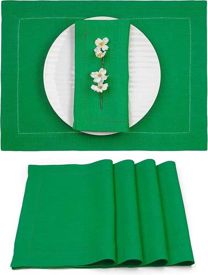 D'Moksha Homes Linen Placemats Set of 4 - Classic Hemstitch Kelly Green Placemats 14 x 19 Inch - 100% Pure Linen Table Mats for Winter, Holiday, New Year - Handcrafted and Machine Washable