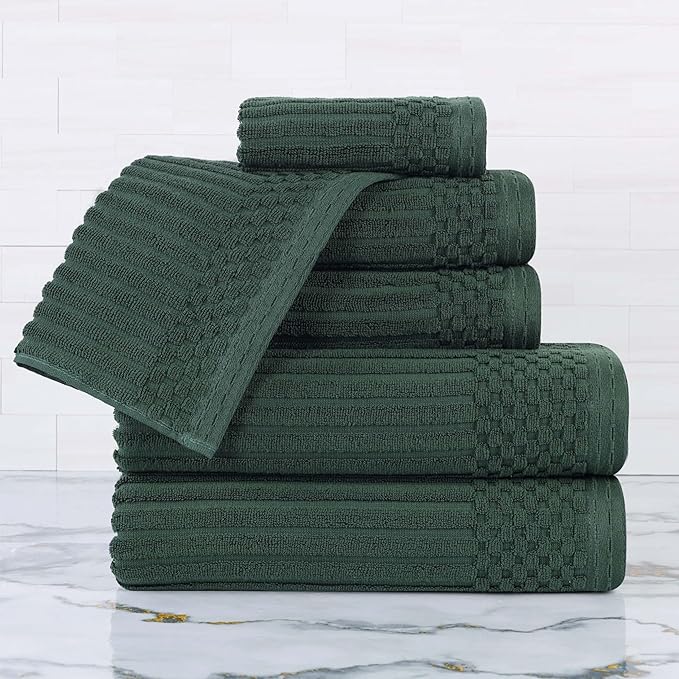 Superior 6 Piece Cotton Towel Set, Include 2 Bath Towels, 2 Hand Towels, 2 Face Towel/Washcloths, Daily Use for Bathroom, Guest Bath, Ribbed, Absorbent, Home Essentials, Soho Collection, Forest Green