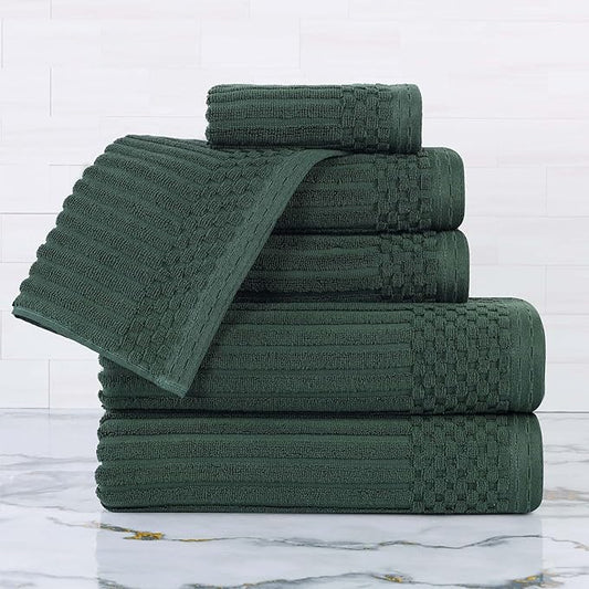 Superior 6 Piece Cotton Towel Set, Include 2 Bath Towels, 2 Hand Towels, 2 Face Towel/Washcloths, Daily Use for Bathroom, Guest Bath, Ribbed, Absorbent, Home Essentials, Soho Collection, Forest Green