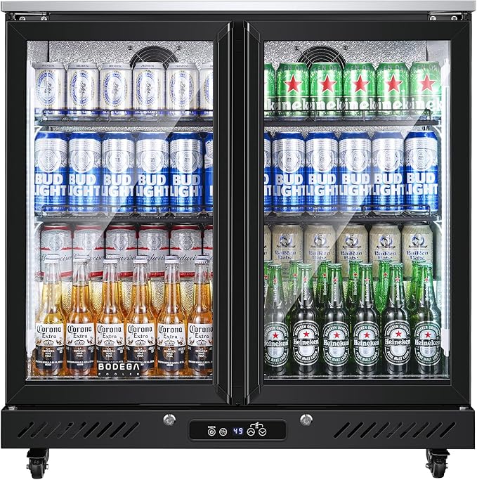 BODEGACOOLER Back Bar Cooler With 2 Glass Doors,Beverage Refrigerator 7.7 Cu.Ft Commercial Display Bar Fridge LED Lighting,36 inch Height Beverage Cooler for Soda Drinks,Beer with Stainless Steel Top