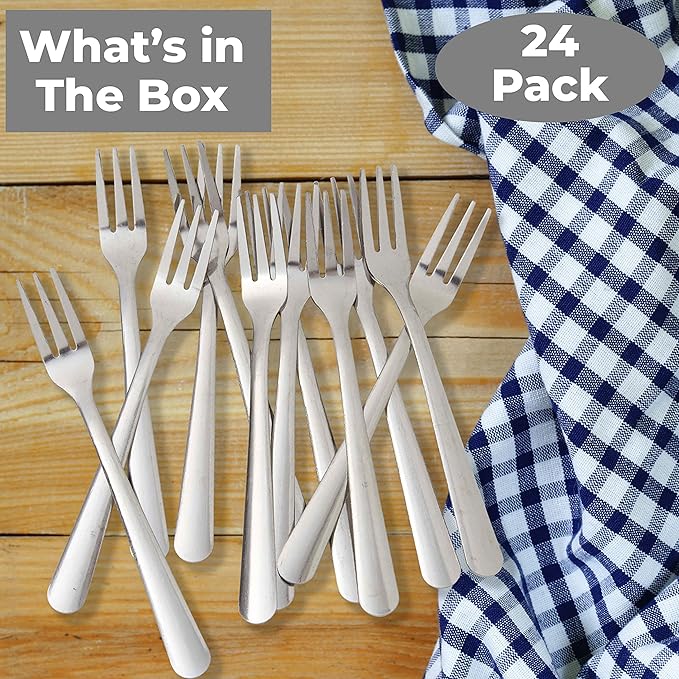 Super Durable, Elegant Mini Cocktail Forks 24 Pcs. Stainless Steel Tasting or Sampling Fork Set for Hors D'Oeuvres, Appetizers, Mussels, Crab. Small Metal Flatware Is Great for Restaurants and Events