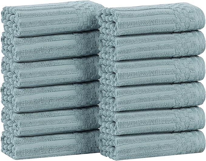 Superior Cotton Face Towel/Washcloth Set of 12, Daily Use for Bathroom, Guest Bath, Quick Dry Small Towels, Face, Hand, Gym, Spa, Hotel, Absorbent, Essentials, Ribbed, Soho Collection, Basil
