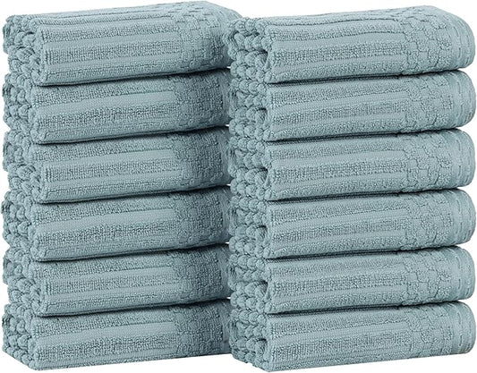 Superior Cotton Face Towel/Washcloth Set of 12, Daily Use for Bathroom, Guest Bath, Quick Dry Small Towels, Face, Hand, Gym, Spa, Hotel, Absorbent, Essentials, Ribbed, Soho Collection, Basil
