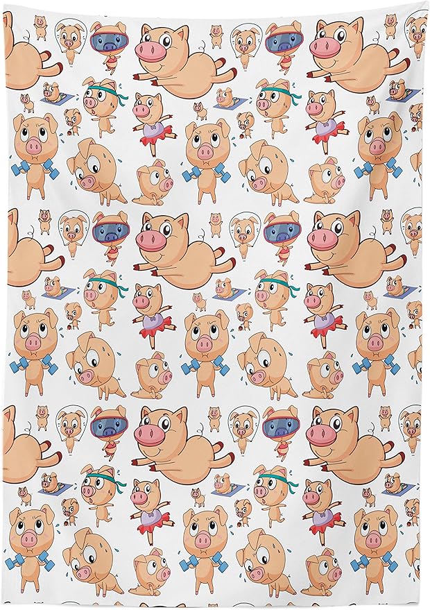 Ambesonne Pig Tablecloth, Different Actions Pigs Dancing Ballet Exercising Weight Lifting Running Skipping Image, Rectangular Table Cover for Dining Room Kitchen Decor, 52" X 70", Red Blue