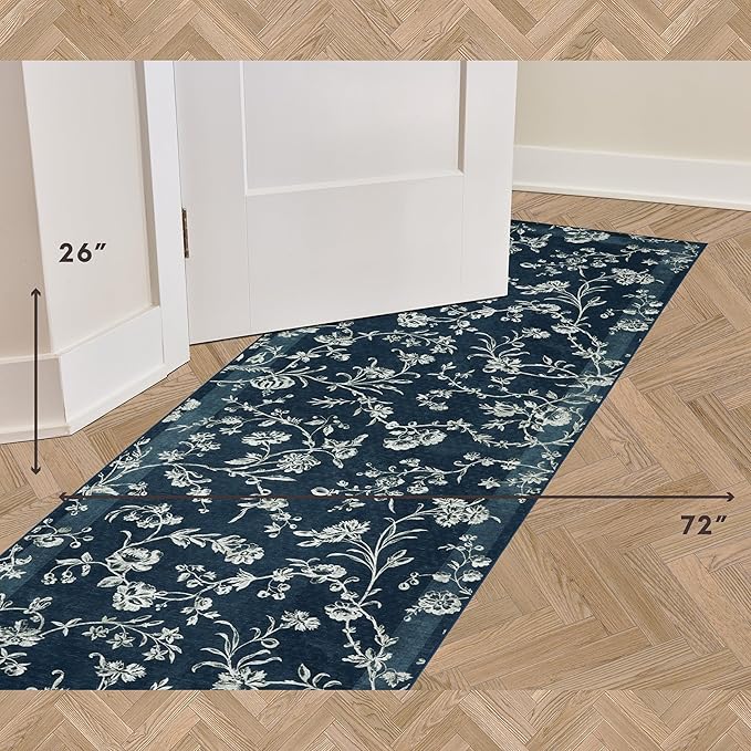 Laura Ashley Dark Navy Aria Floral Border Machine Washable & Slip Resistant 26" x 72" Runner Rug