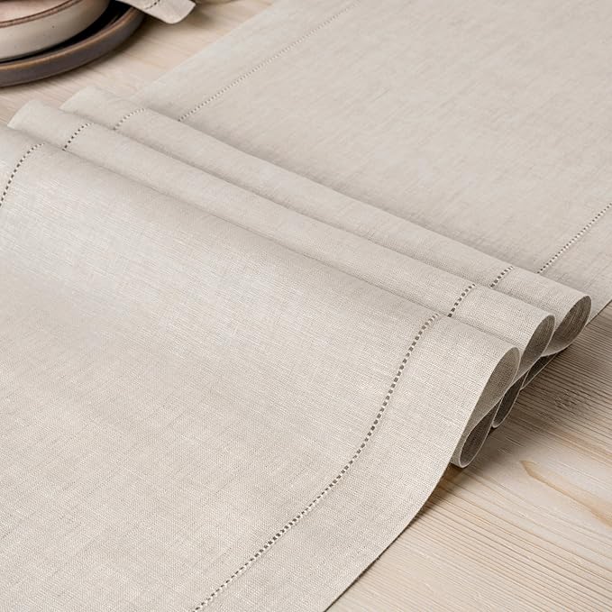 D'Moksha Homes Linen Light Natural Table Runner 48 Inches - Classic Hemstitch, 100% Pure Linen Coffee Table Runner 14 x 48 Inch Ideal for Dresser Tables - Winter, Holiday, New Year
