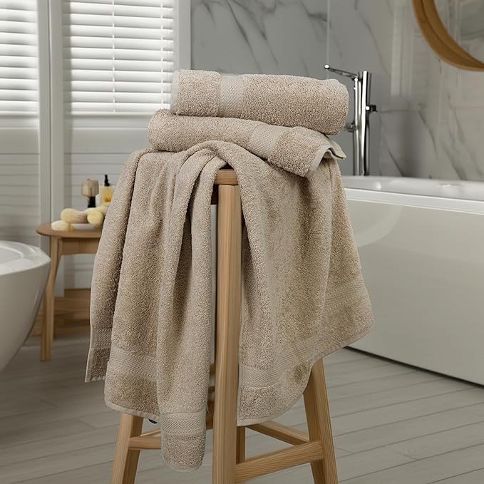 Medium Size Bath Towels Set of 6 – 100% Cotton Terry – 24" x 48" – Quick Dry, Soft & Highly Absorbent – Beige Towels for Bathroom, Gym, Spa, Pool & Daily Use