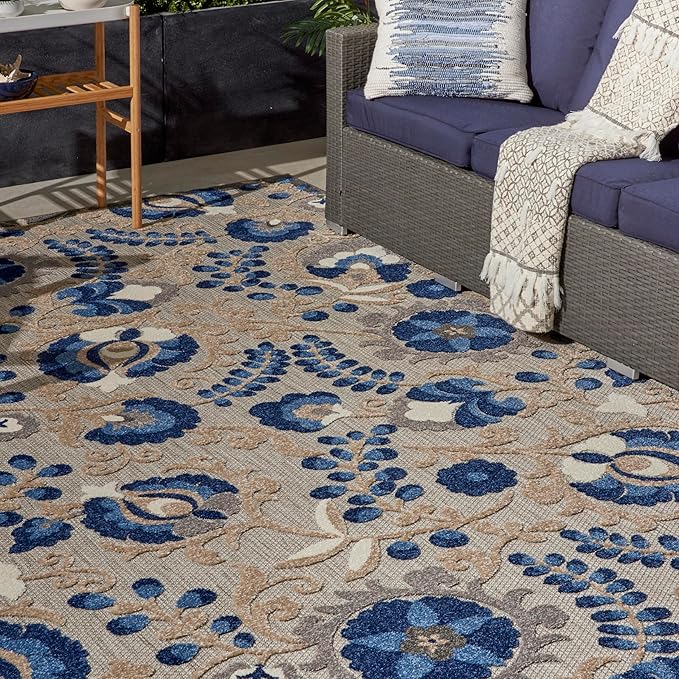 Nourison Home Aloha Natural Blue 7'10" x 10'6" Area Rug - Easy Clean, Non Shedding, Bed Room, Living Room, Dining Room, Kitchen (8' x 11')