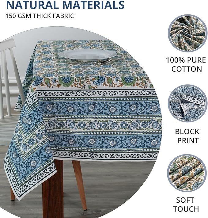 Ridhi Asparagus Green Hand Block Print Cotton Rectangle Tablecloth 90" x 60" inches Reusable Table Cover Decorative Everyday Use for Dining, Farmhouse, Home, Party, Festive, Wedding, Fall