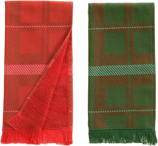 sea me at home Holiday Plaid Hand Towels for Bathroom, Red & Green Check Decorative Towels for Christmas Kitchen & Bathroom, Tea Towels 15 x 34 Inches for Bohemian, Farmhouse Decor (Xmas Plaid)