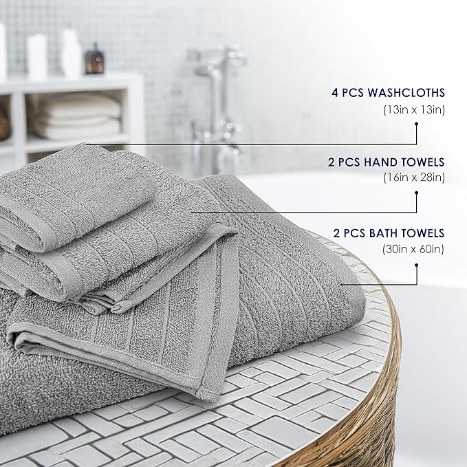 Tens Towels Pack of 8 Towels Set, 2 Extra Large Bath, 2 Hand, 4 Washcloths, 100% Cotton, Lighter Weight, Quicker to Dry, Super Absorbent, Perfect for Bathroom, Cool Grey