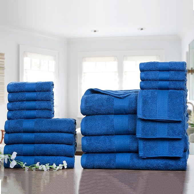 Ample Decor Bathroom Towel Set of 18-4 Hand Towel, 4 Bath Towel, 10 Wash Cloths - Oeko Tex Certified 600 GSM 100% Cotton - High Absorbency Quick Drying, Ideal for Gifting - Navy Blue