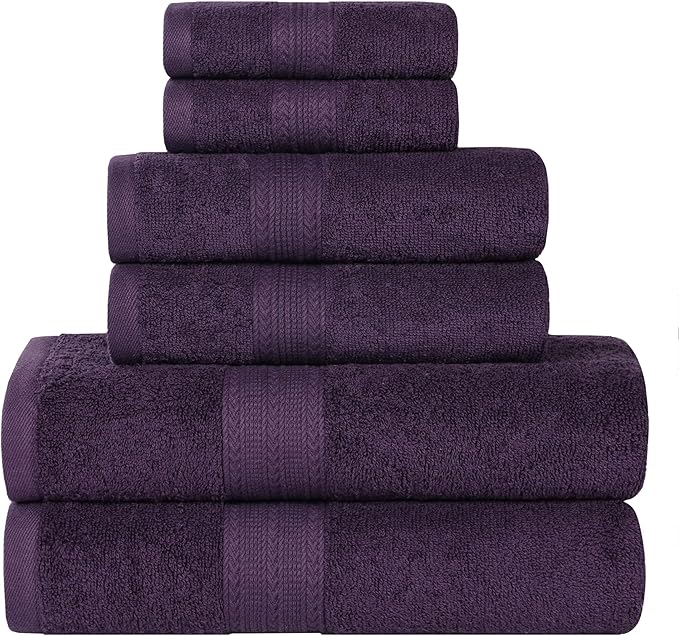 Superior Eco-Friendly Cotton 6-Piece Towel Set, Bathroom, Shower, Spa, Large and Small Assorted Towels for Home, Apartment, Dorm, 2 Bath, 2 Hand, 2 Face/Washcloth, Soft, Highly Absorbent, Eggplant