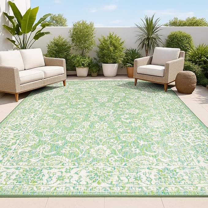 JONATHAN Y Weave Floral Indoor Outdoor Area Rug 9X12 Cream/Green, Tela Bohemian Textured for Backyard, Patio, Porch, Easy-Cleaning, High Traffic, Pet-Friendly, Non-Shedding (SMB100F-9)