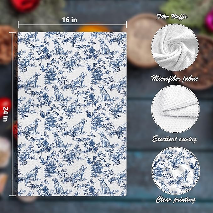 Chinoiserie Golden Retriever Kitchen Towels Set of 4,Blue and White Floral Golden Retriever Decorative Dish Tea Towels, Grandmillennial Botanical Dog Hand Towels for Kitchen Bathroom, 16x24 Inch