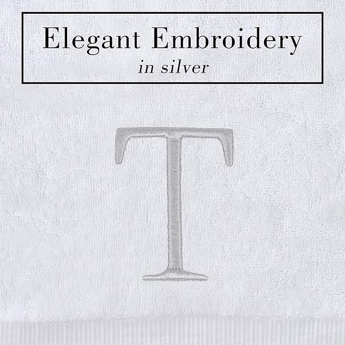Monogrammed Hand Towels for Bathroom - Luxury Hotel Quality Personalized Initial Decorative Embroidered Bath Towel for Powder Room, Spa - GOTS Organic Certified - Set of 2 Letter T