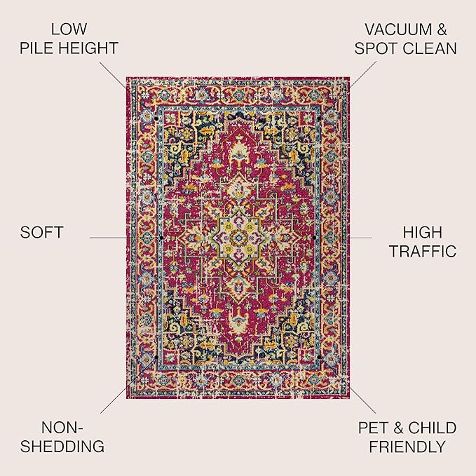 JONATHAN Y Brooklyn Geometric Medallion Red/Pink Indoor Area Rug, 5x8, Vintage, Bohemian, Easy-Cleaning for Living Room, Bedroom, Kitchen, Pet Friendly, Non-Shedding (MDP207C-5)