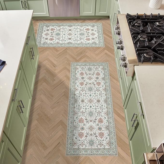 Laura Ashley Beige Aure Floral Machine Washable & Slip Resistant 2 Piece Set - 26" x 45" Accent Rug & 26" x60" Runner Rug