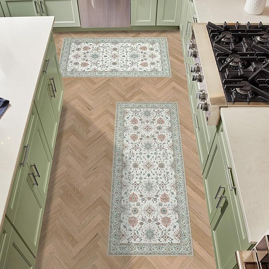 Laura Ashley Beige Aure Floral Machine Washable & Slip Resistant 2 Piece Set - 26" x 45" Accent Rug & 26" x60" Runner Rug