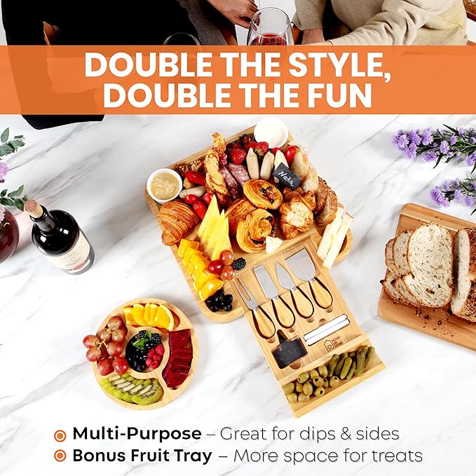 Large Bamboo Charcuterie Board Gift Set with Hidden Drawer, Fruit Tray, Knives & Bowls for Hosting & Holiday Entertaining