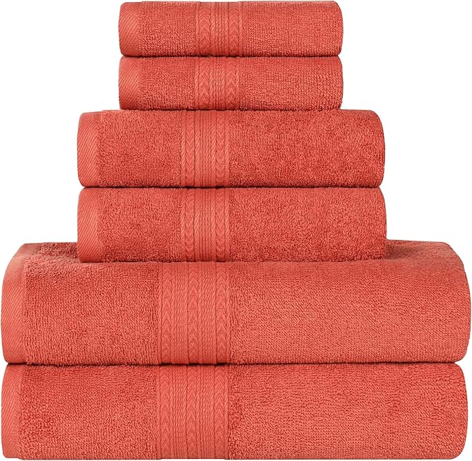 Superior Eco-Friendly Cotton 6-Piece Towel Set, Bathroom, Shower, Spa, Large and Small Assorted Towels for Home, Apartment, Dorm, 2 Bath, 2 Hand, 2 Face/Washcloth, Soft, Highly Absorbent, Rust