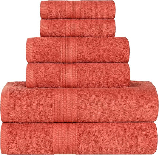 Superior Eco-Friendly Cotton 6-Piece Towel Set, Bathroom, Shower, Spa, Large and Small Assorted Towels for Home, Apartment, Dorm, 2 Bath, 2 Hand, 2 Face/Washcloth, Soft, Highly Absorbent, Rust