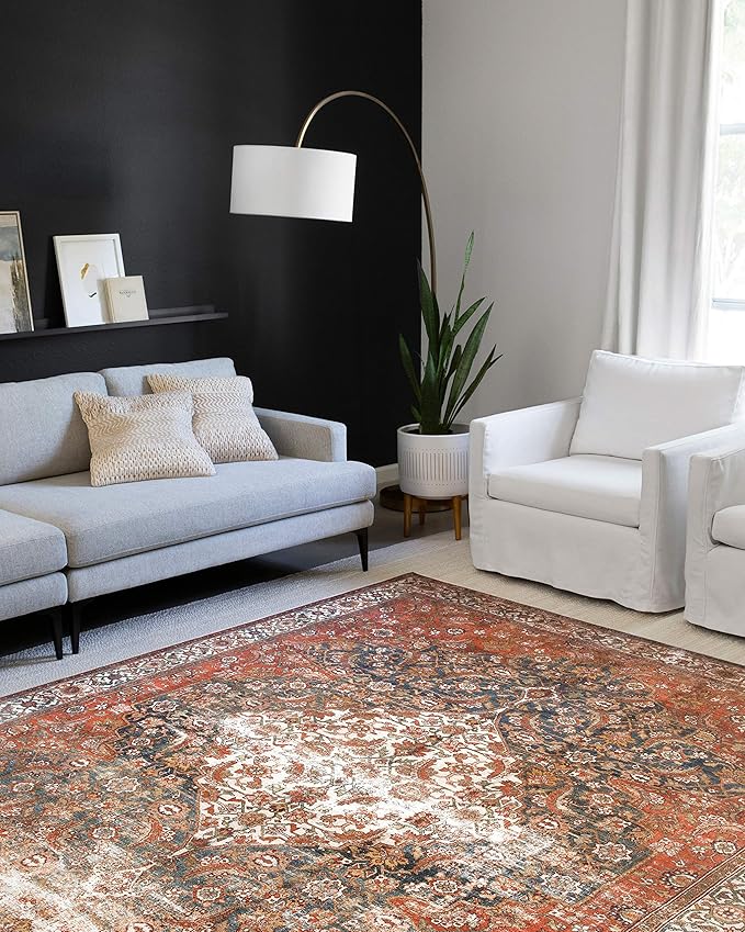 Loloi Layla Collection LAY-05 Ocean/Multi 5'-0" x 7'-6" .13" Thick Area Rug, Soft, Durable, Vintage Inspired, Distressed, Low Pile, Non-Shedding, Easy Clean, Printed, Living Room Rug