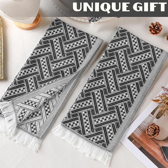 4 Pack Boho Bathroom Hand Towel 14 x 30 Inch 100% Turkish Cotton Decorative Boho Kitchen Hand Towel Farmhouse Bathroom Decor Set Absorbent Soft Guest Tea Gift(Black,White)