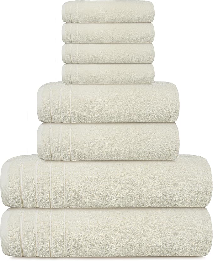 Tens Towels Pack of 8 Towels Set, 2 Extra Large Bath, 2 Hand, 4 Washcloths, 100% Cotton, Lighter Weight, Quicker to Dry, Super Absorbent, Perfect for Bathroom, Cream