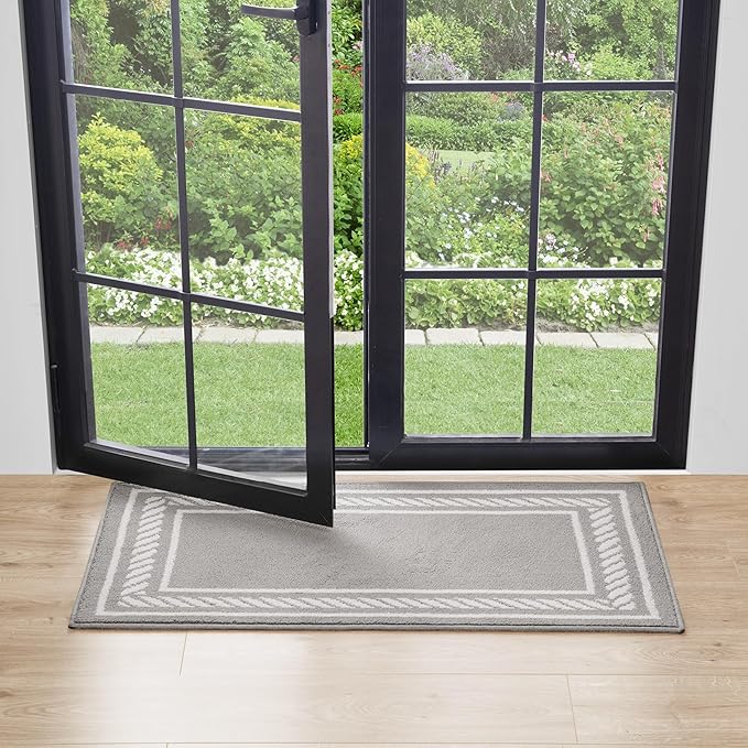 Nautica – Runner Rug | Indoor Runners for Hallways and Entry Rugs| Non-Slip and Non-Skid Entry and Kitchen Door Mat| Machine Washable Entryway Carpet Rugs | 2'2" x 3'9" | Rope Border Light Grey