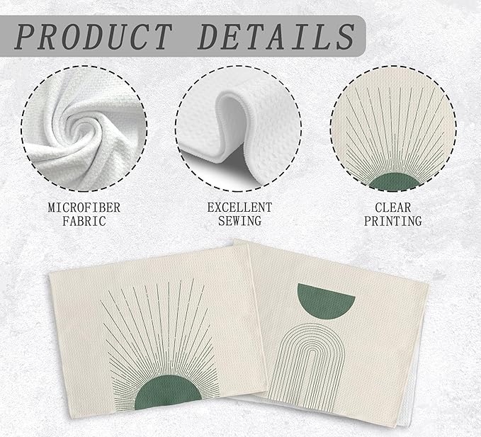 Beige Green Abstract Sunrise Kitchen Towels and Dishcloths Set of 2, Bohemian Sun Decorative Towels, Green Moon Drying Cloth Hand Towels for Bohemian Bathroom Kitchen Decor, 16×24 Inches