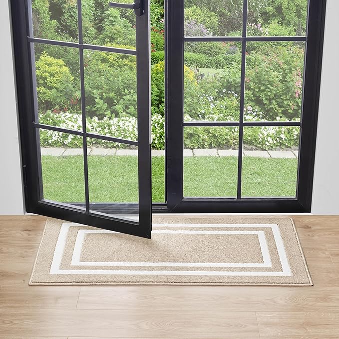 Nautica – Runner Rug | Indoor Runners for Hallways and Entry Rugs| Non-Slip and Non-Skid Entry and Kitchen Door Mat| Machine Washable Entryway Carpet Rugs | 2'2" x 3'9" | Double Border Beige