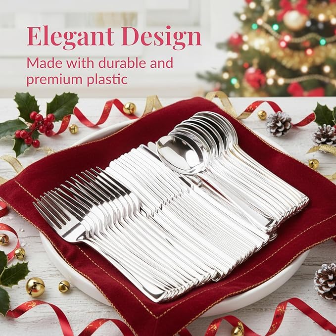 Prestee 600 Piece Plastic Silverware Set - 200 Silver Plastic Forks, Spoons and Knives - Heavy-Duty Utensils - Reusable and Disposable Cutlery Set for Weddings, Thanksgiving, and Christmas Parties