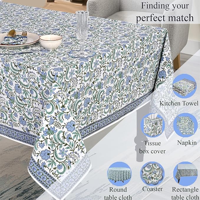 Ridhi Columbia Blue Hand Block Print Cotton Rectangle Tablecloth 160" x 72" inches Reusable Table Cover Decorative Everyday Use for Dining, Farmhouse, Home, Party, Festive, Wedding, Fall