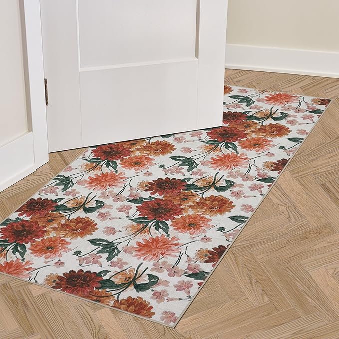 Laura Ashley Beige Dahlias Floral Machine Washable & Slip Resistant 26" x 60" Runner Rug