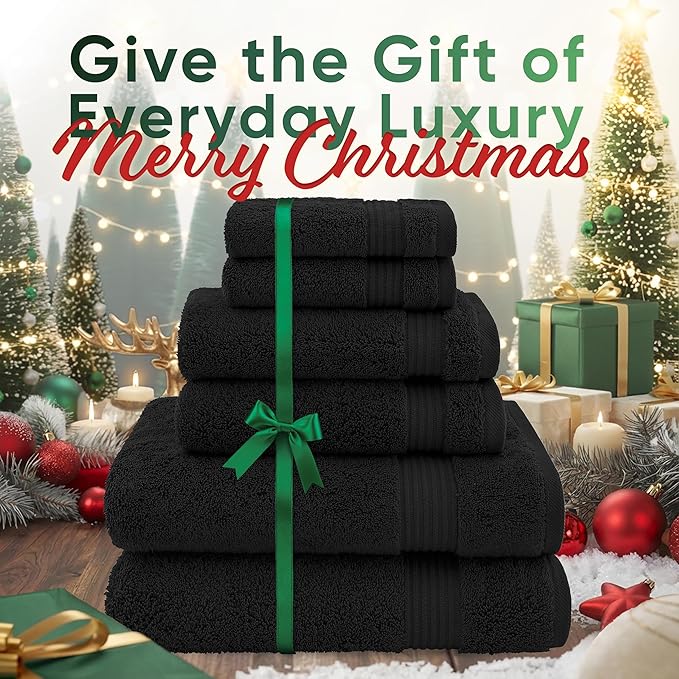American Veteran Towel, 100% Cotton Turkish 6 Piece Towel Set, Luxury Towels Set of 6 for Bathroom Essentials, 2 Bath Towels 2 Hand Towels 2 Washcloths, Black