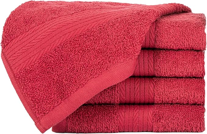 Ample Decor Washcloths Pack of 5 12 X 12 Inch 100% Cotton 600 GSM, Soft Absorbent and Reusable Fingertip Towels, Ideal for Bathroom and Powder Room - Christmas Red