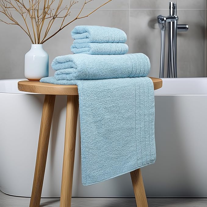 Tens Towels Pack of 8 Towels Set, 2 Extra Large Bath, 2 Hand, 4 Washcloths, 100% Cotton, Lighter Weight, Quicker to Dry, Super Absorbent, Perfect for Bathroom, Sky Blue