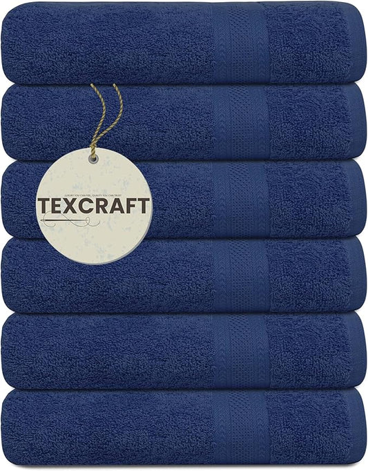 Large Bath Towels Set of 6 – 100% Cotton Terry – 24" x 50" – Quick Dry, Soft & Highly Absorbent – Navy Blue Towels for Bathroom, Gym, Spa, Pool & Daily Use