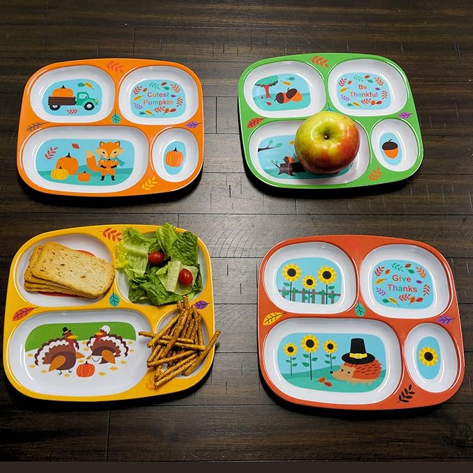 4E's Novelty Set of 4 Fall Thanksgiving Melamine Dinnerware Sets for Kids – Autumn Sectioned Toddler Plates With Dividers, BPA-Free Reusable Dishwasher Safe