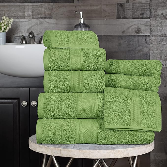 Superior Long Staple 100% Combed Cotton 700GSM 8-Piece Solid Towel Set for Bathroom, Shower-Super Soft, Plush, Assorted 8-Piece Towels, 4 Face/Washcloths, 2 Hand Towels, 2 Bath Towels, Green Essence
