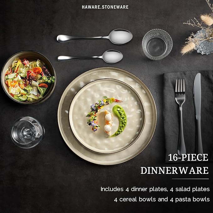 HaWare Dinnerware Sets, 16-Piece Plates and Bowls Set, Stoneware Dish Set for 4, Ceramic Dishware Set for Pasta Cereal, Chip and Scratch Resistant, Microwave and Dishwasher Safe, Saturn Khaki